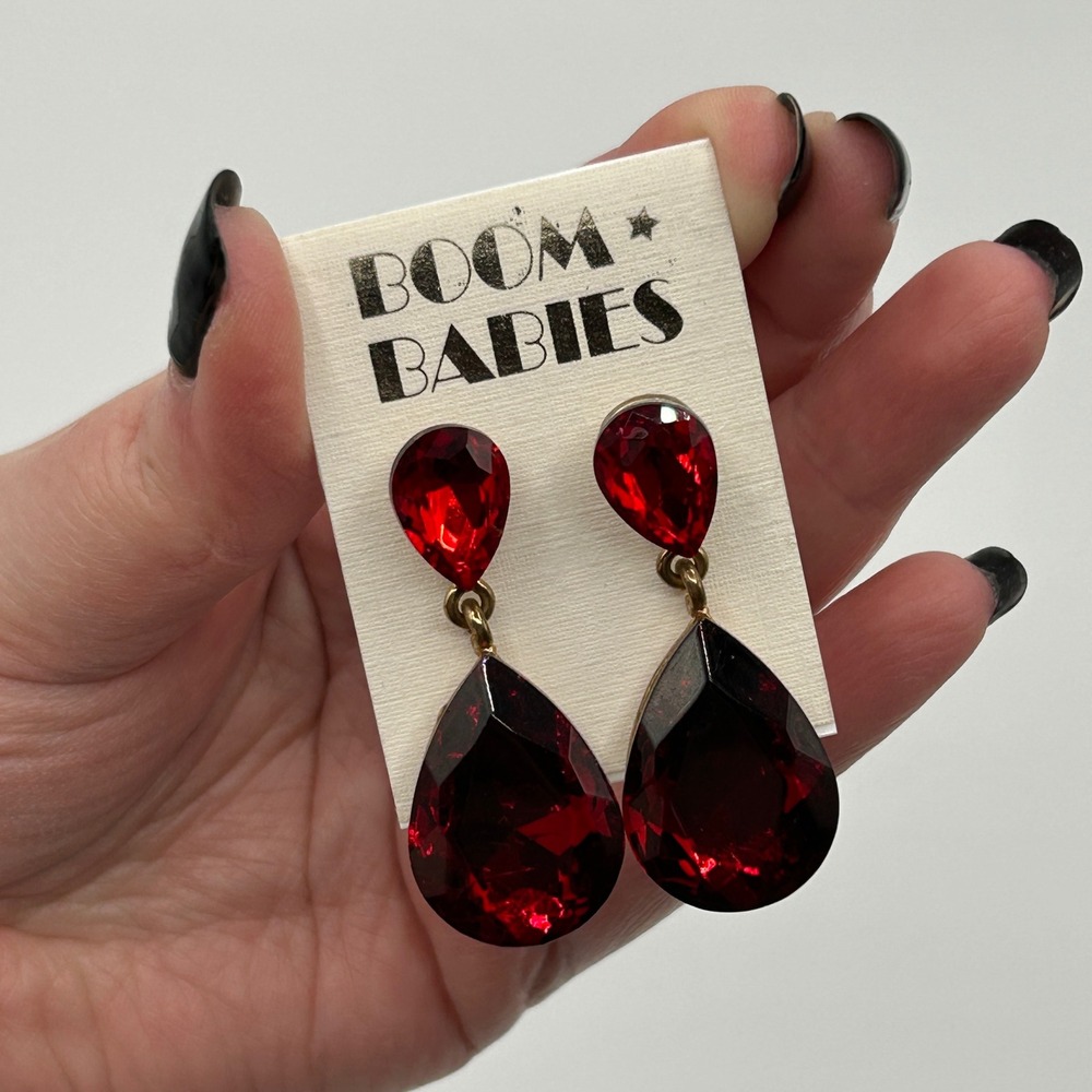 Boom Babies Ruby Red Teardrop Dangle Earrings‎ Gold Tone Statement Fashion Chic